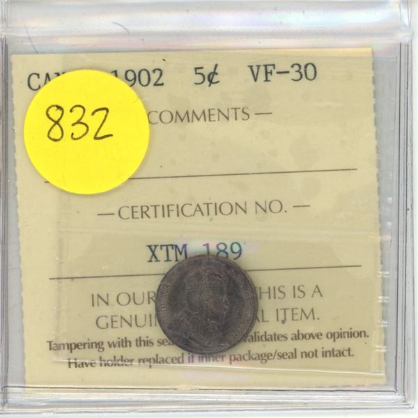 Canadian 5 Cent Coin 1902 VF-30 XTM 189 ICCS Graded