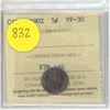 Image 1 : Canadian 5 Cent Coin 1902 VF-30 XTM 189 ICCS Graded