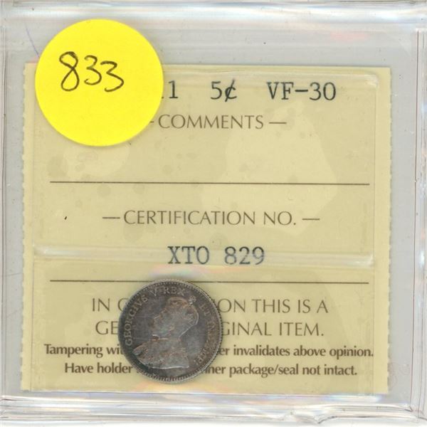 Canadian 5 Cent Coin 1911 VF-30 XT0 829 ICCS Graded