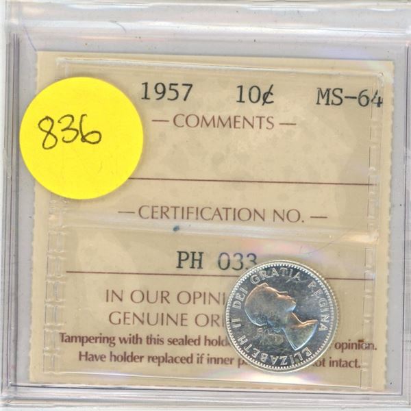 Canadian 10 Cent Coin 1957 MS-64 PH033 ICCS Graded