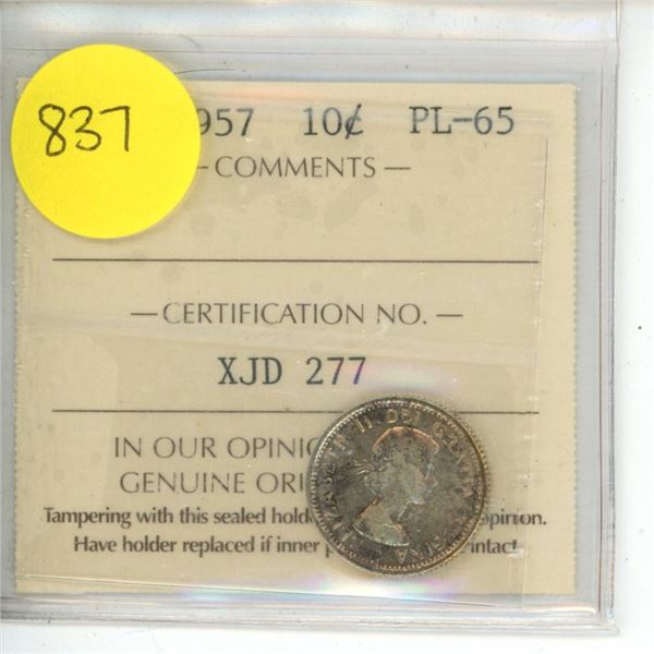 Canadian 10 Cent Coin 1957 PL-65 XJD 277 ICCS Graded