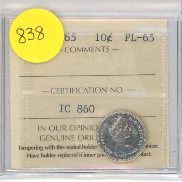 Canadian 10 Cent Coin 1965 PL-65 IC860 ICCS Graded
