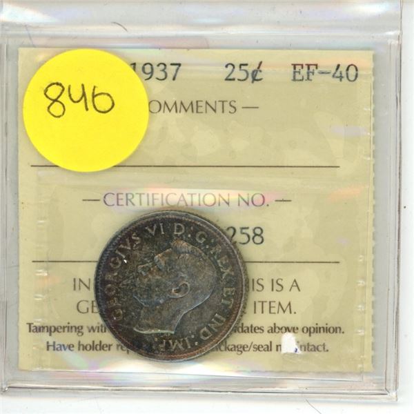 Canadian 25 Cent Coin 1937 EF-40 XDR 258 ICCS Graded