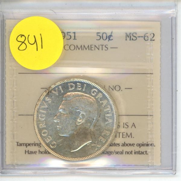Canadian 50 Cent Coin 1951 MS-62 LZ 022 ICCS Graded