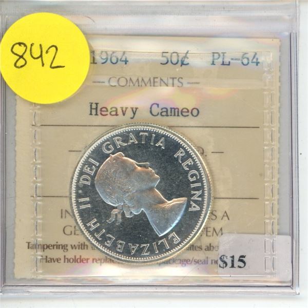 Canadian 50 Cent Coin 1964 PL-64 Heavy Cameo HQ 970 ICCS Graded