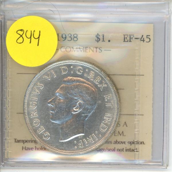 Canadian 1 Dollar Coin 1938 EF-45 Cleaned PD 237 ICCS Graded
