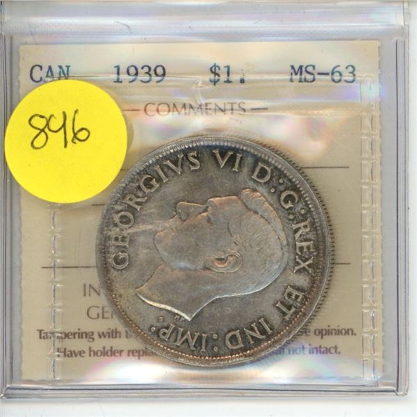 Canadian 1 Dollar Coin 1939 MS-63 OI 201 ICCS Graded