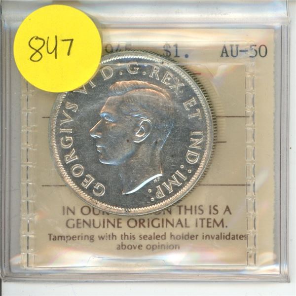 Canadian 1 Dollar Coin 1945 AU-50 BF 129 ICCS Graded