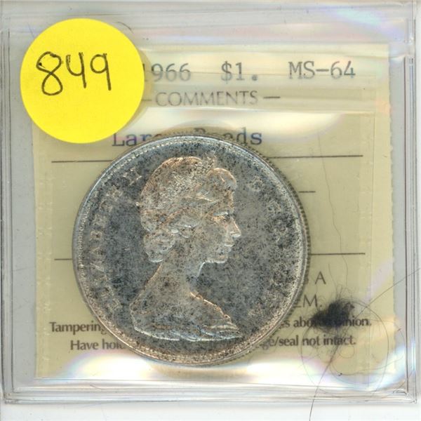 Canadian 1 Dollar Coin 1966 MS-64 Large Beads XOH 615 ICCS Graded