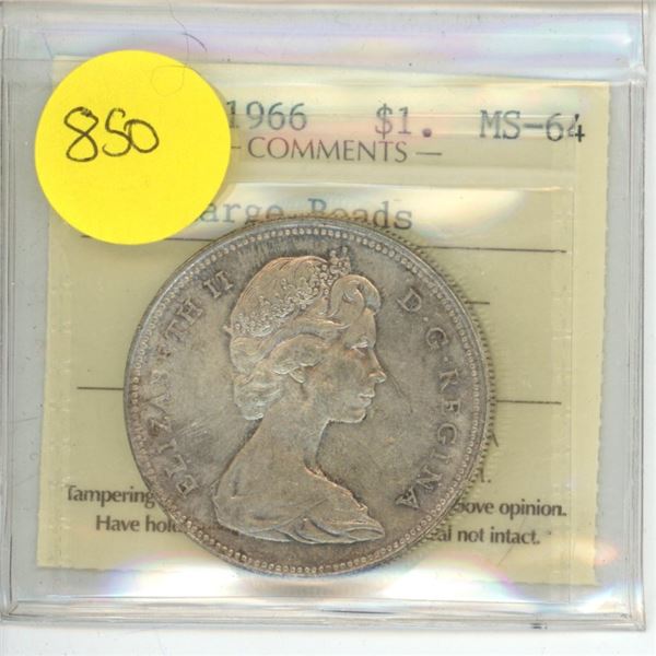 Canadian 1 Dollar Coin 1966 MS-64 Large Beads XOH 607 ICCS Graded