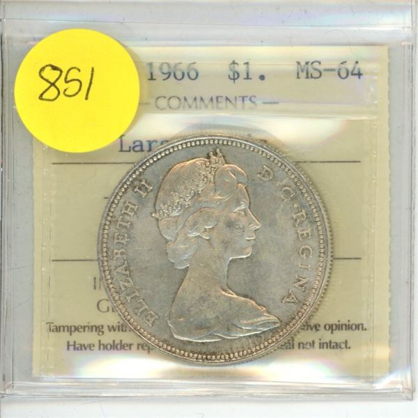 Canadian 1 Dollar Coin 1966 MS-64 Large Beads XOH 590 ICCS Graded