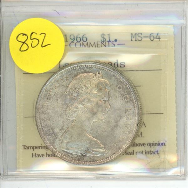 Canadian 1 Dollar Coin 1966 MS-64 Large Beads XOH 609 ICCS Graded