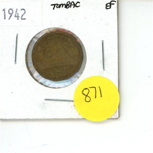 1942 Canadian 5 Cent Coin Tombac EF