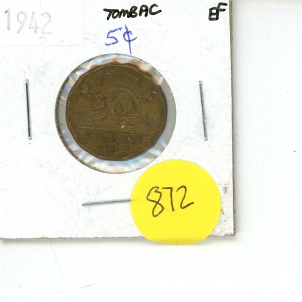 1942 Canadian 5 Cent Coin Tombac EF