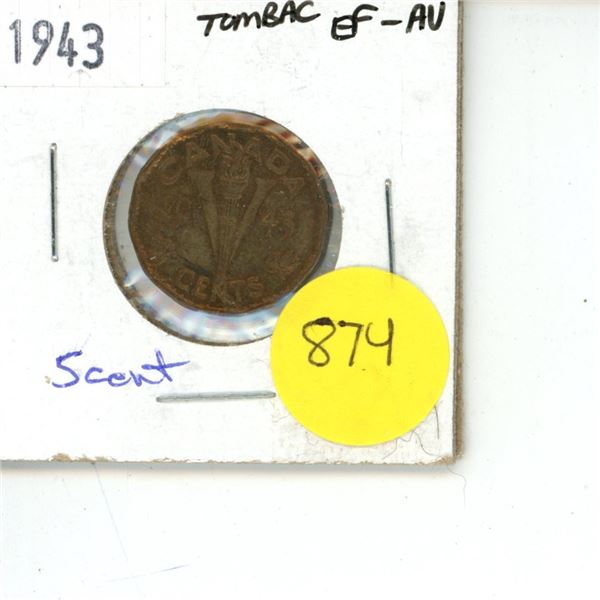 1943 Canadian 5 Cent Coin Tombac EF-AU