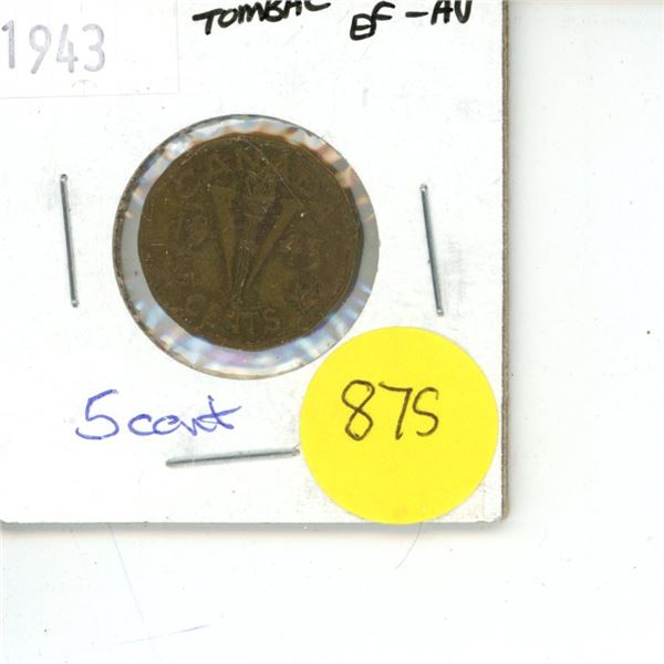 1943 Canadian 5 Cent Coin Tombac EF-AU