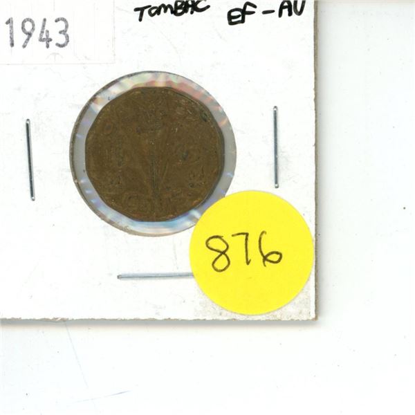 1943 Canadian 5 Cent Coin Tombac EF-AU