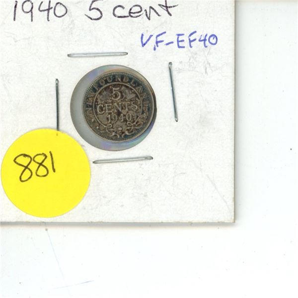 NFLD 5 Cent Coin 1940 VF-EF40