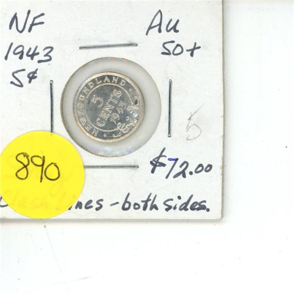 NFLD 5 Cent Coin 1943 Strong Clash Lines AU Sot (Both Sides)