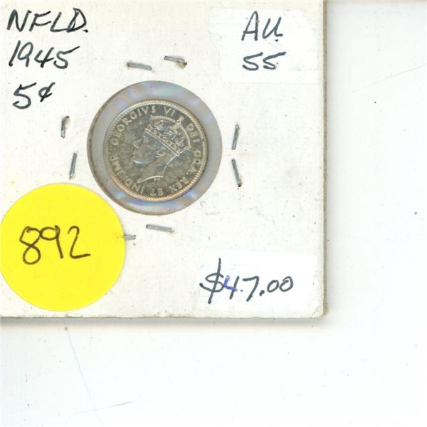 NFLD 5 Cent Coin AU-55 1945
