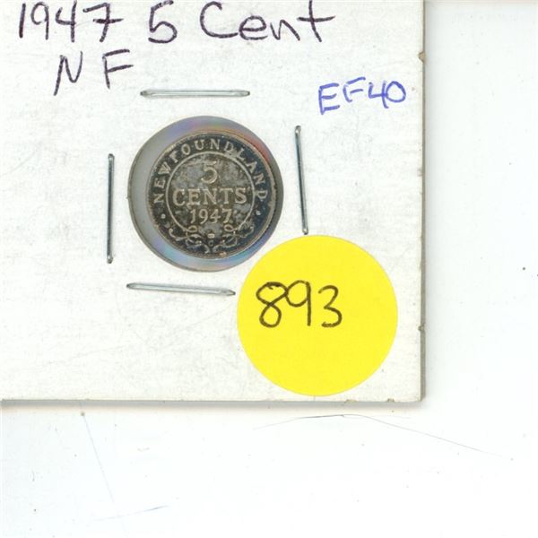 NFLD 5 Cent Coin 1947 EF-40