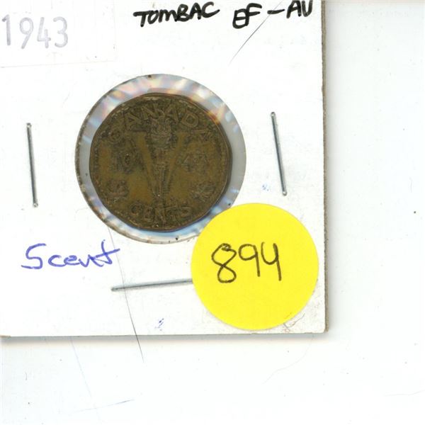 1943 Canadian Tombac Victory Nickel EF-AU