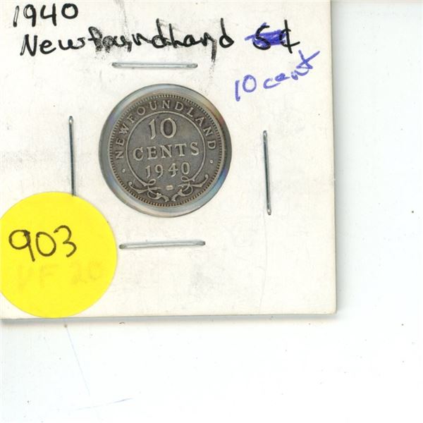 NFLD 10 Cent Coin VF-20 1940