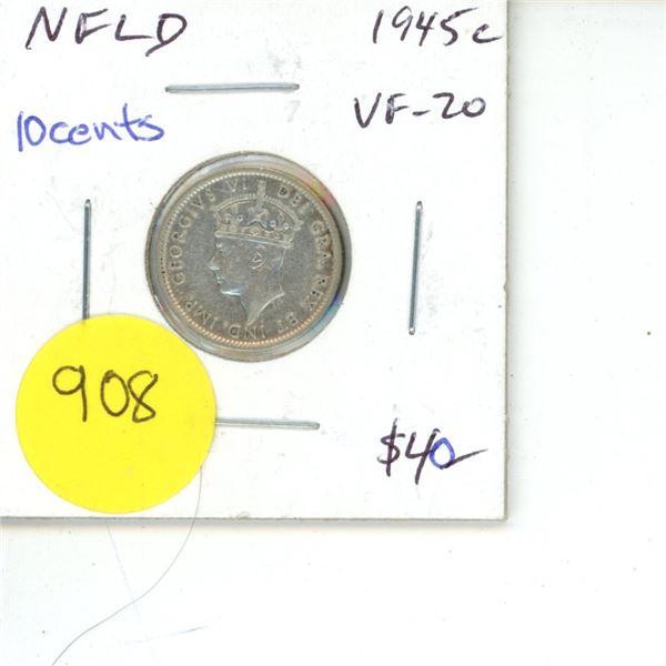 NFLD 10 Cent Coin VF-20  1945c