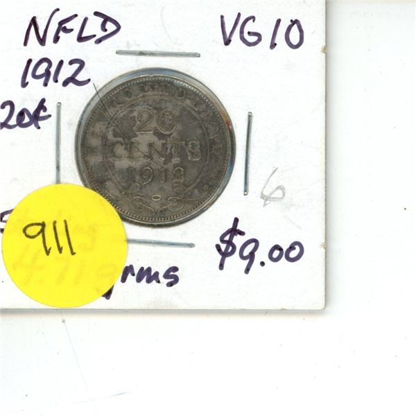 1912 NFLD VG 10 Sterling 4.71 Grams 20 Cent