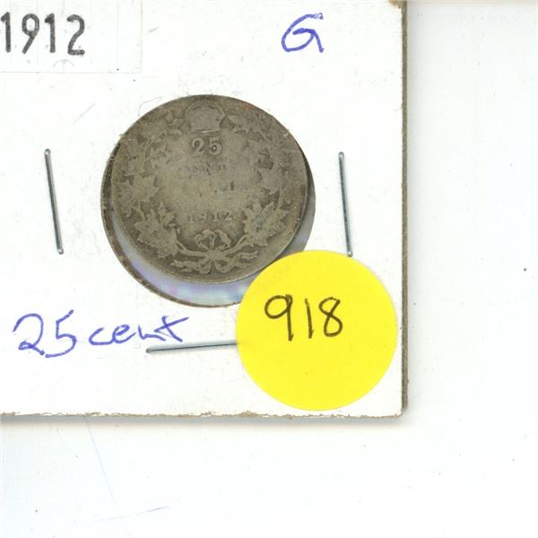 Canadian 25 Cent Coin 1912 G