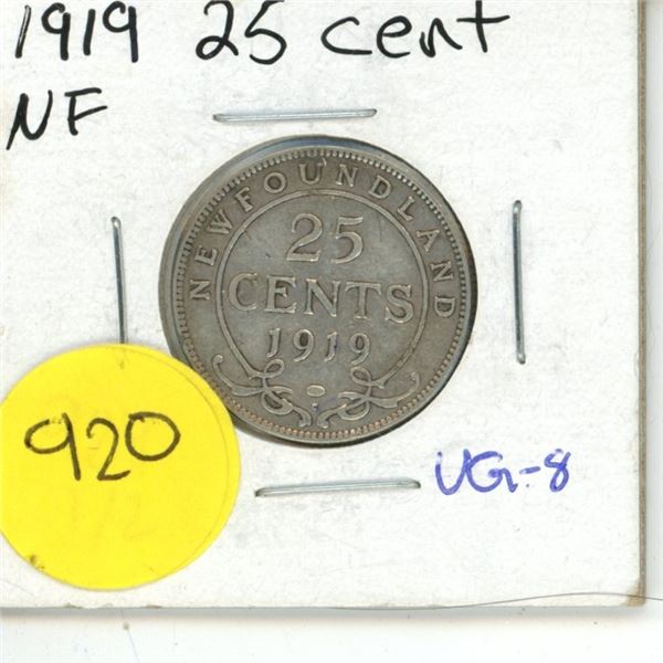 NFLD 25 Cent Coin VG. 8 1919