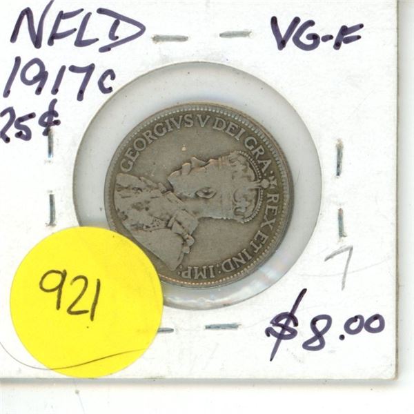 NFLD 25 Cent Coin VG-8 1917