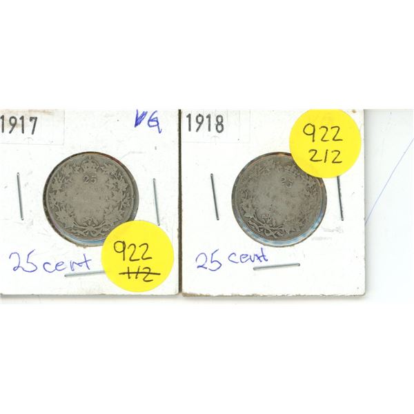 (2) Canadian 25 Cent Coin VG 1917, 1918