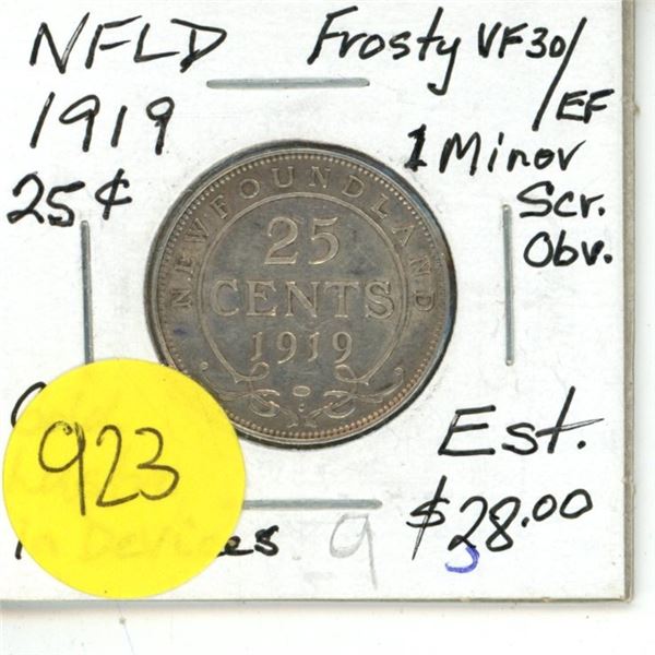 NFLD 25 Cent Coin Frosty VF-30/EF Gold Lustre in Devices