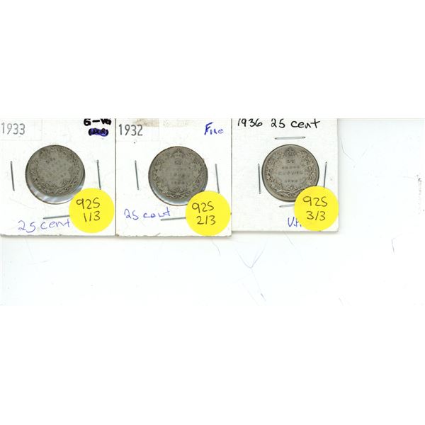 Canadian 25 Cent Coins 1932, 1933, 1936