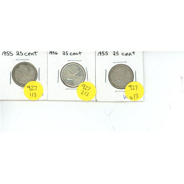 Canadian 25 Cent Coin 1955 (2) and (1) 1956 (1) VF-20 and (1) VF
