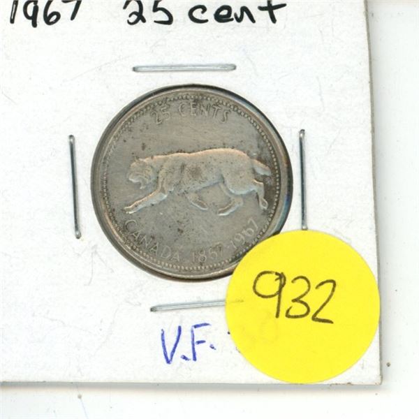 Canadian 25 Cent Coin Bobcat Design VF-30 1967