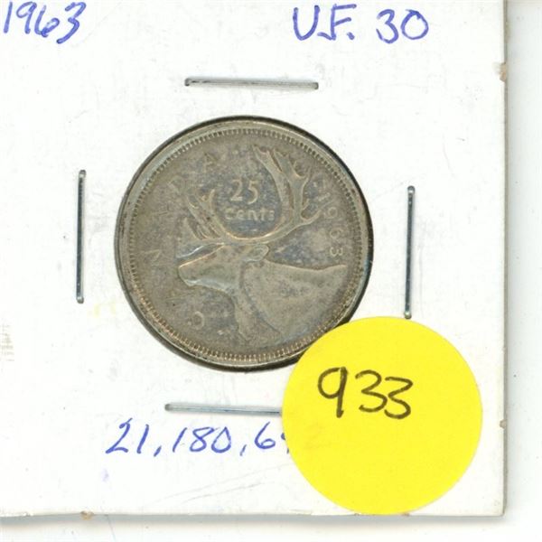 Canadian 25 Cent Coin 1963 VF-30