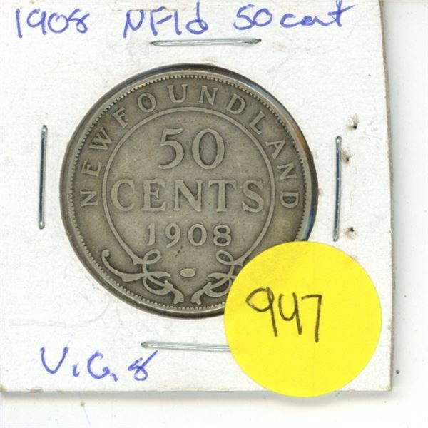NFLD 50 Cent Coin 1908 VG-8