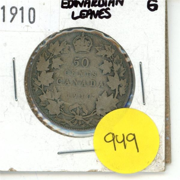 Canadian 50 Cent Coin 1910 Edwardian Leaves 6