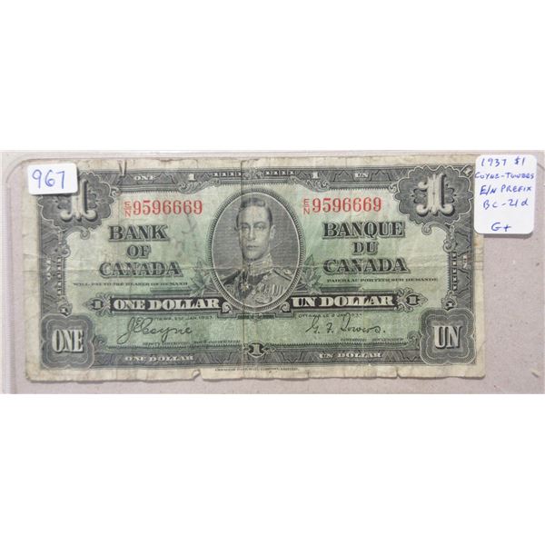 1937 $1. Coyne-Towers signatures. E/N Prefix. BC-21d. Good+.