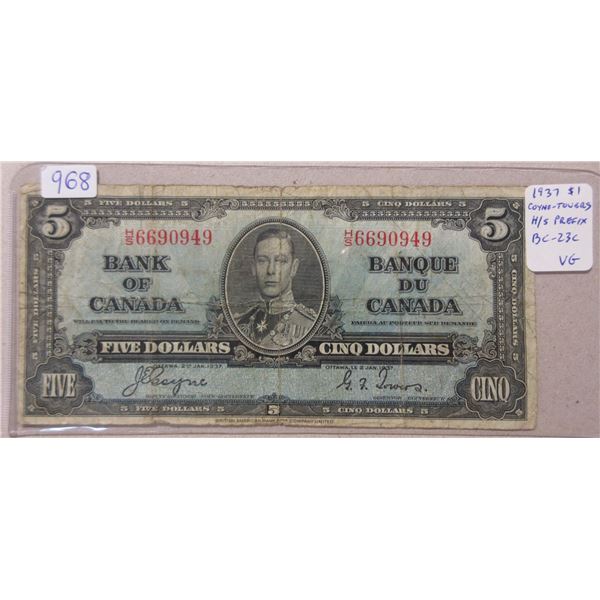 1937 $5. Coyne-Towers signatures. H/S Prefix. BC-23c. VG.