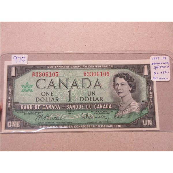 1967 $1 with serial numbers. Beattie-Rasminsky signatures. G/P Prefix. BC-45b-i. AU.
