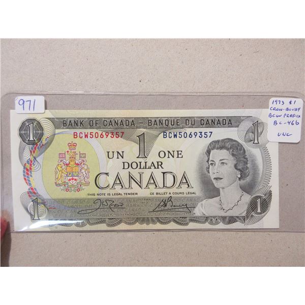 1973 $1. Crow-Bouey signatures. BCW Prefix. BC-46b. Uncirculated.