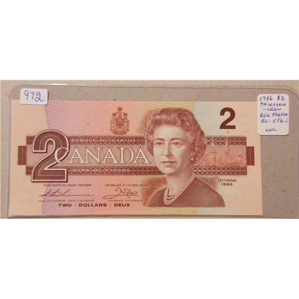 1986 $2. Thiessen-Crow signatures. EGL Prefix. BC-55b-i. Uncirculated.