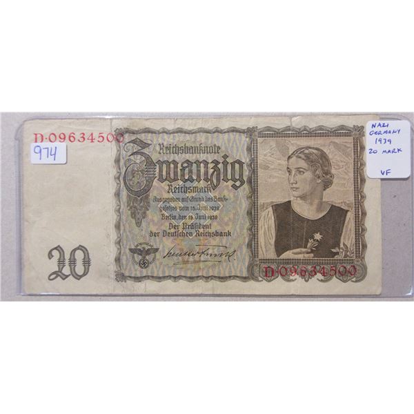 Nazi Germany. 1939 20 Mark. Eagle with Swastika. VF.