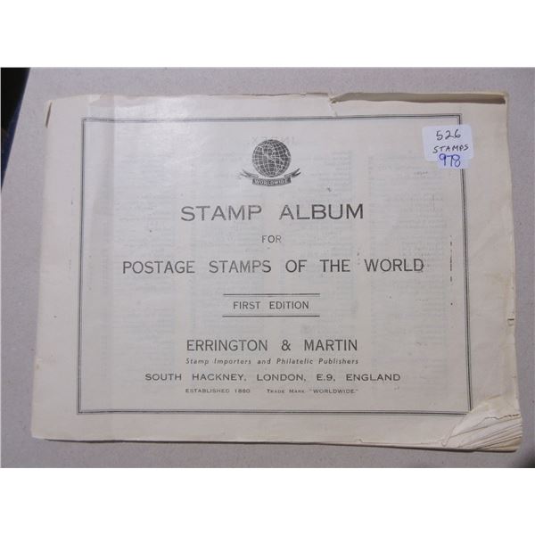 Worldwide Stamp Album containing 526 old stamps from around the world.
