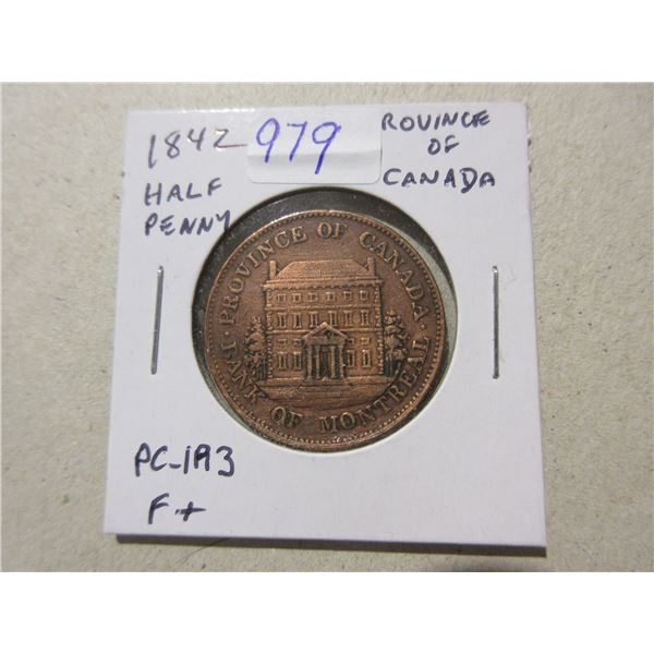 Province of Canada 1842 Half Penny Token. Bank of Montreal. PC-1A3. Fine+.