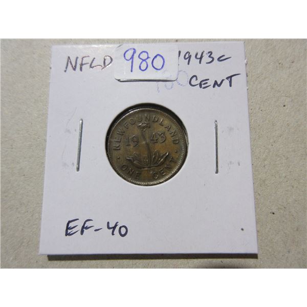 Newfoundland. 1943c 1 Cent. Minted in Ottawa because of World War II. EF-40.
