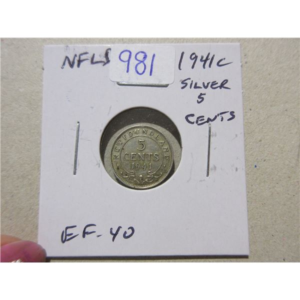 Newfoundland. 1941c Silver 5 Cents. Minted in Ottawa because of World War II. EF-40.